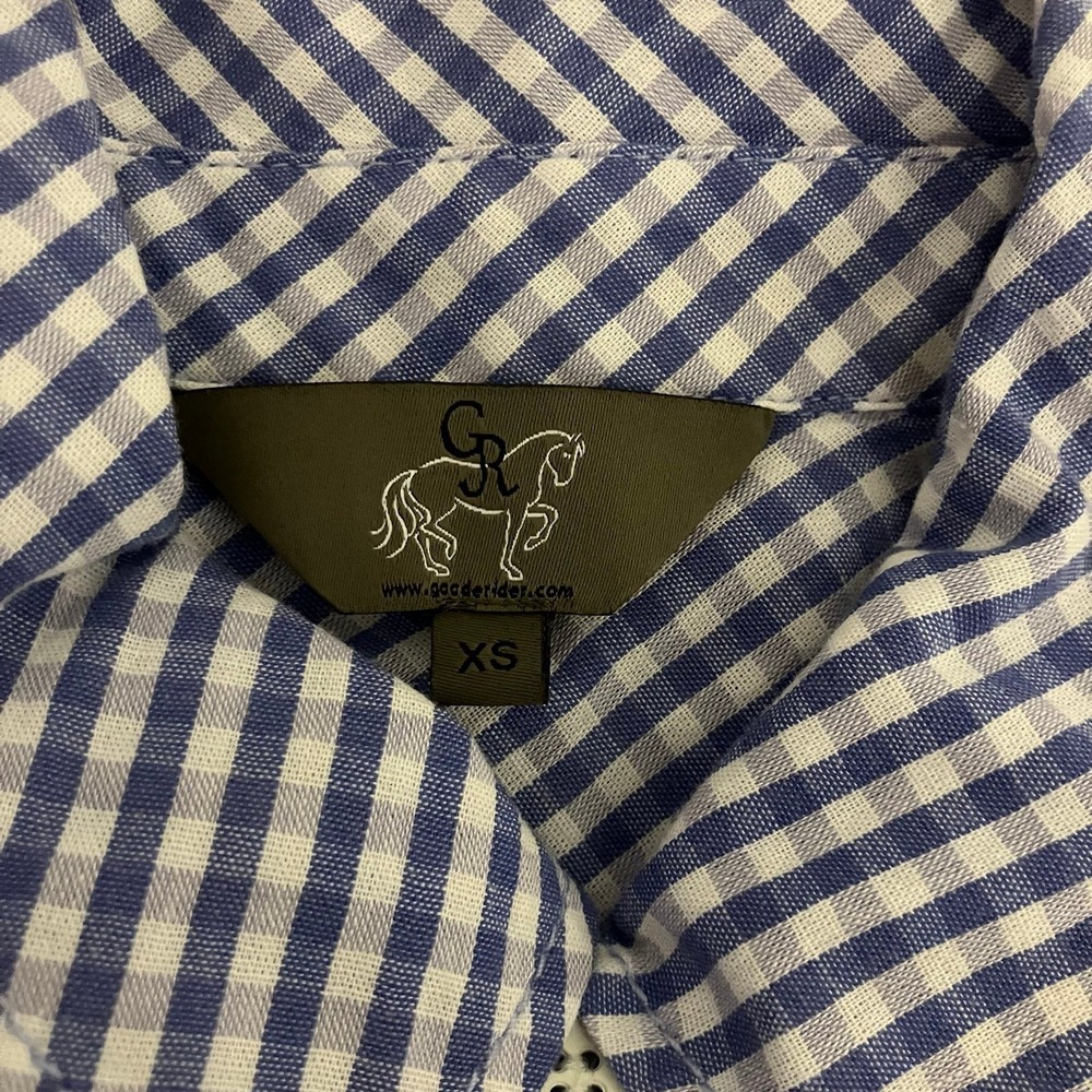 Goode Rider "Go To Shirt" blue gingham button down 3/4 sleeve Sz XS equestrian - Picture 7 of 9